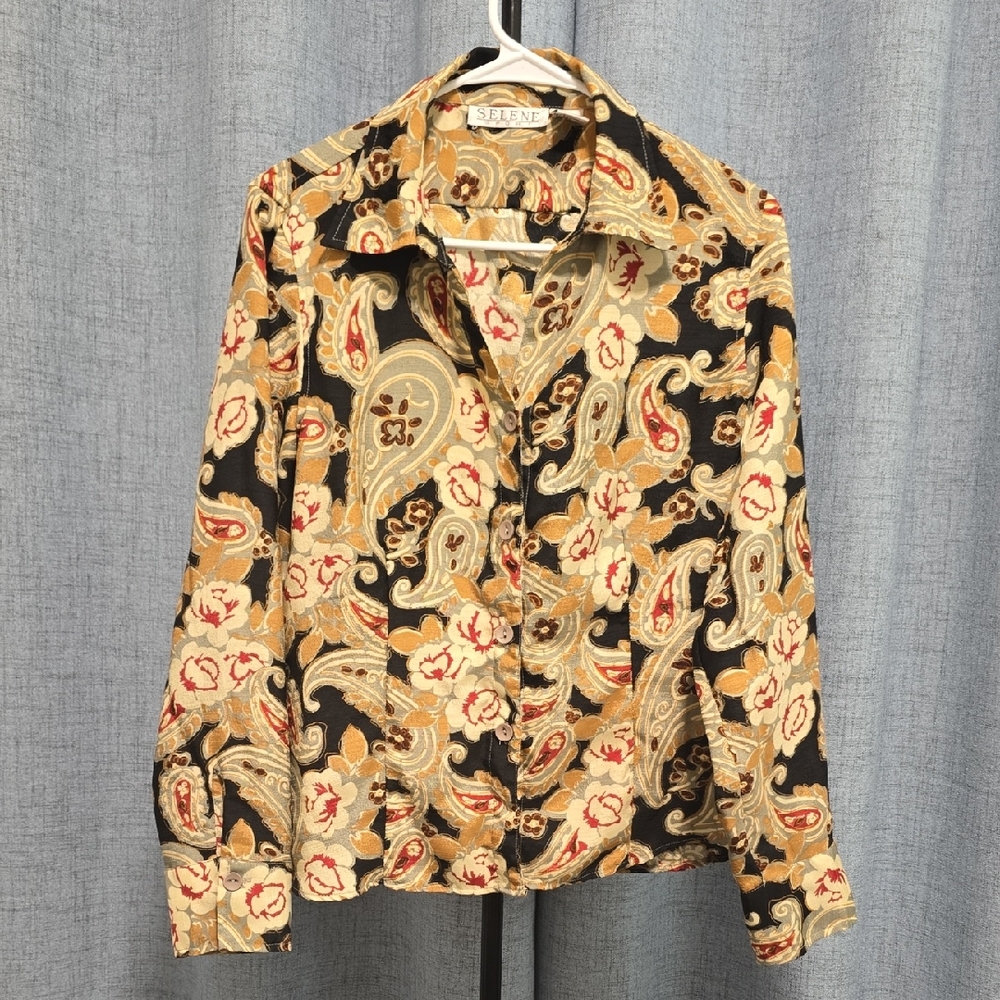 Selene Sport Black and‎ Gold Paisley Shirt Size XL Retro Vintage